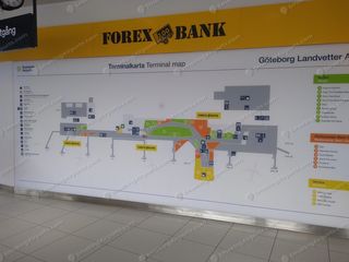 Göteborg Landvetter Airport Swedavia terminal map displayed on wall near Forex Bank