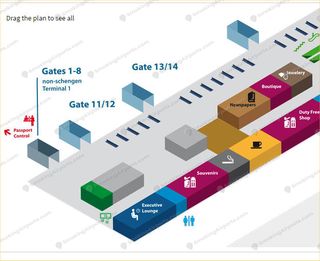 GDN terminal floor plan showing Gates 1-8 non-Schengen and Gate 13/14 Schengen with smoking icon (2)