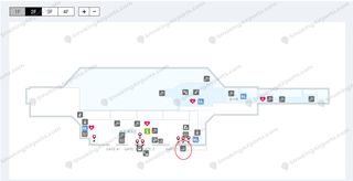 Gimpo International Terminal 2F floor map with smoking room in front of Gate 1 circled in red