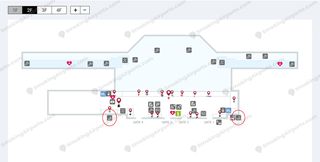 Gimpo Domestic Terminal 2F floor map showing two smoking room locations marked with red circles