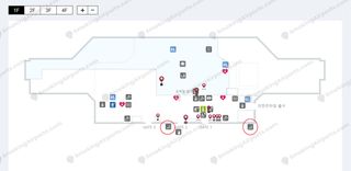 Gimpo International Terminal 1F floor map with smoking rooms near Gate 1 and Gate 2 circled