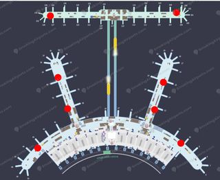 Terminal 1 floor plan map with red dots marking eight smoking room locations on 3F (2)