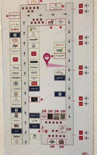 Official BGY terminal map showing two smoking area labels near Gate A8 and central shopping zone (3)