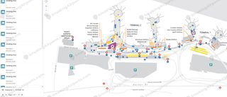 SAN airport map showing 15 smoking area pins at Terminal 1 and Terminal 2 ground level