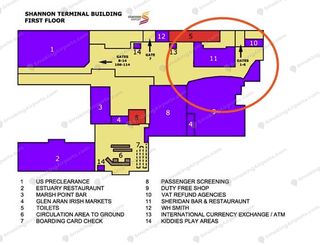 Shannon Airport first floor terminal map with airside smoking area circled near Gates 1-6 and Duty Free