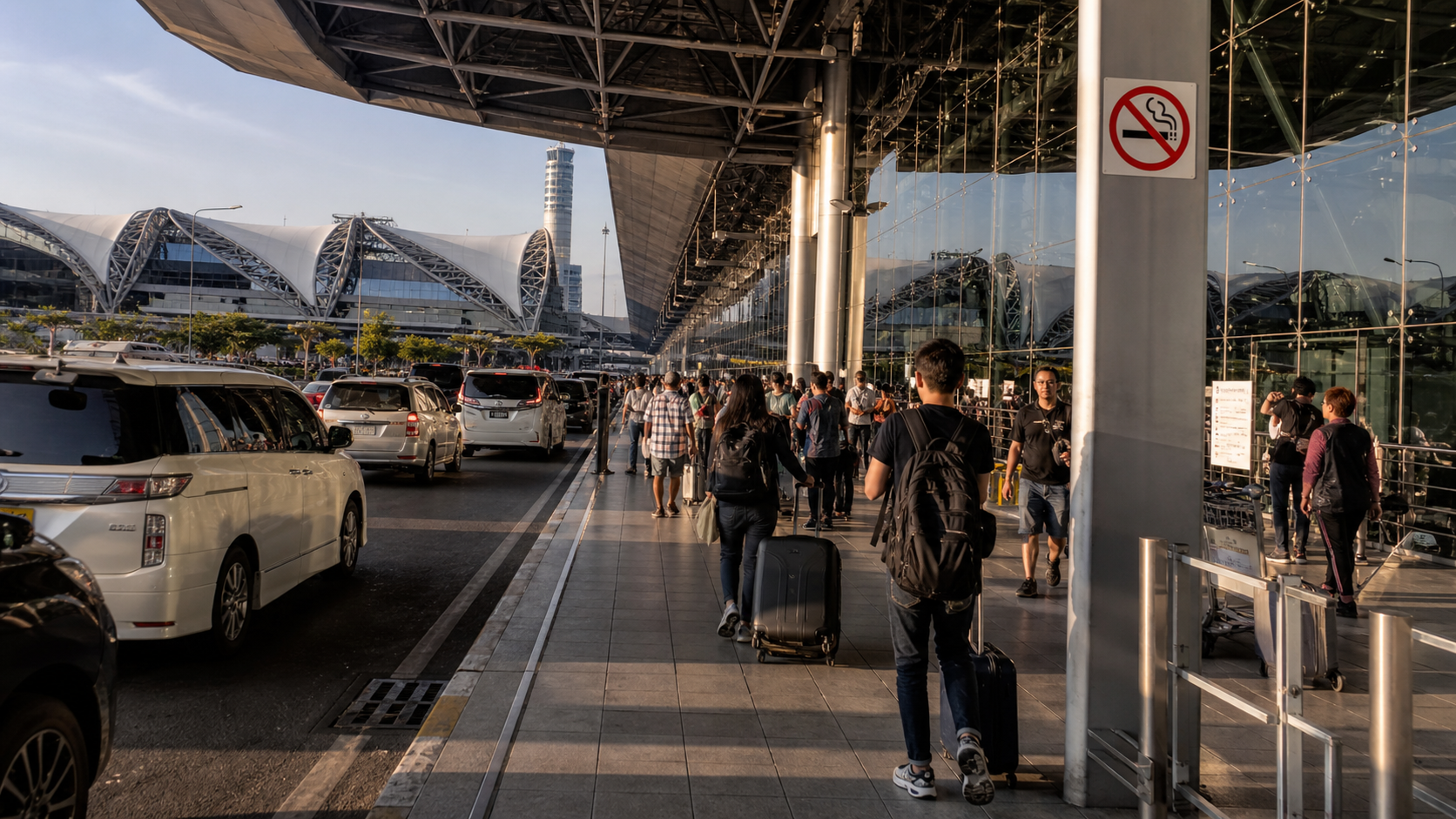 Bangkok airport exterior curbside‚ no smoking sign
