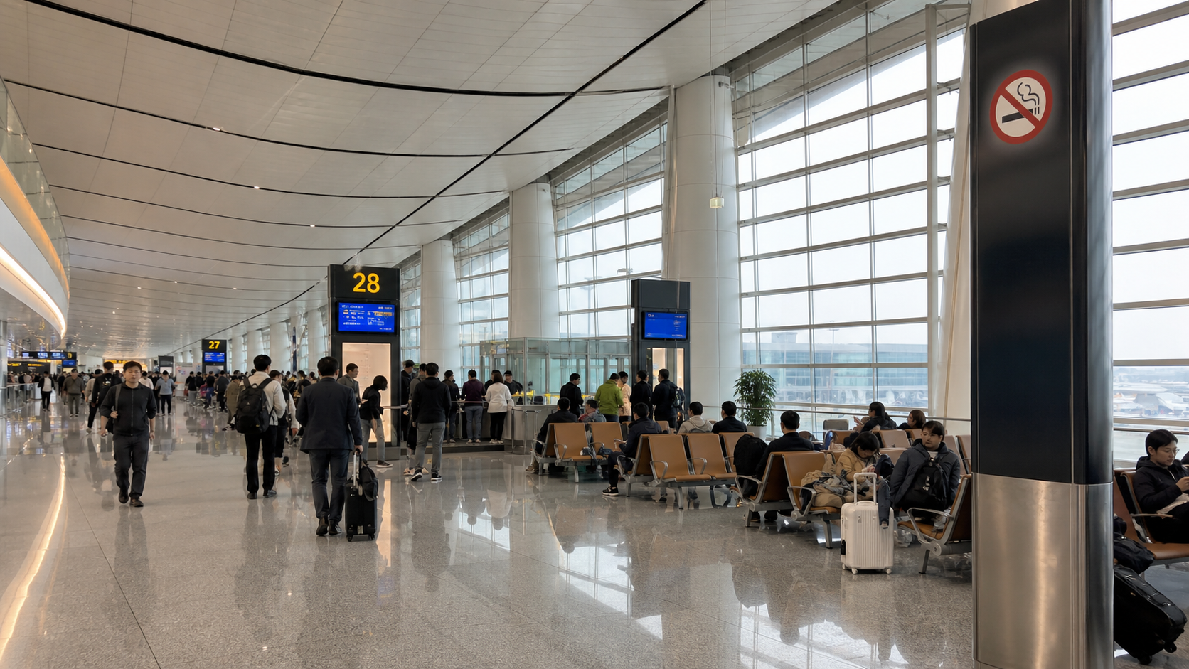 Chinese airport departure terminal‚ no smoking signs‚ crowds of passengers at the gates