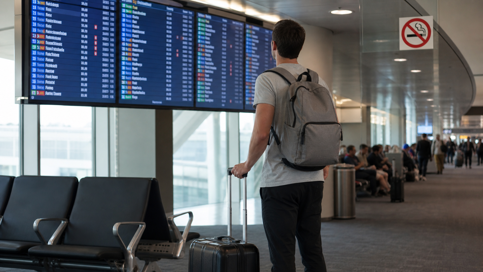 Traveler looking at an airport departure board with no smoke icon