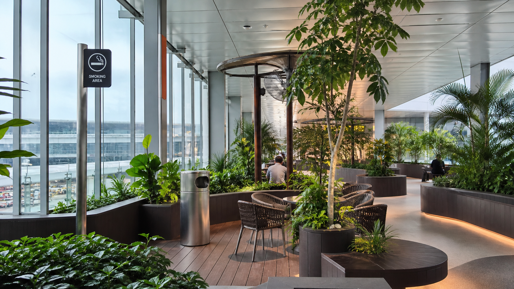 Istanbul Airport concourse with smoking terrace signage