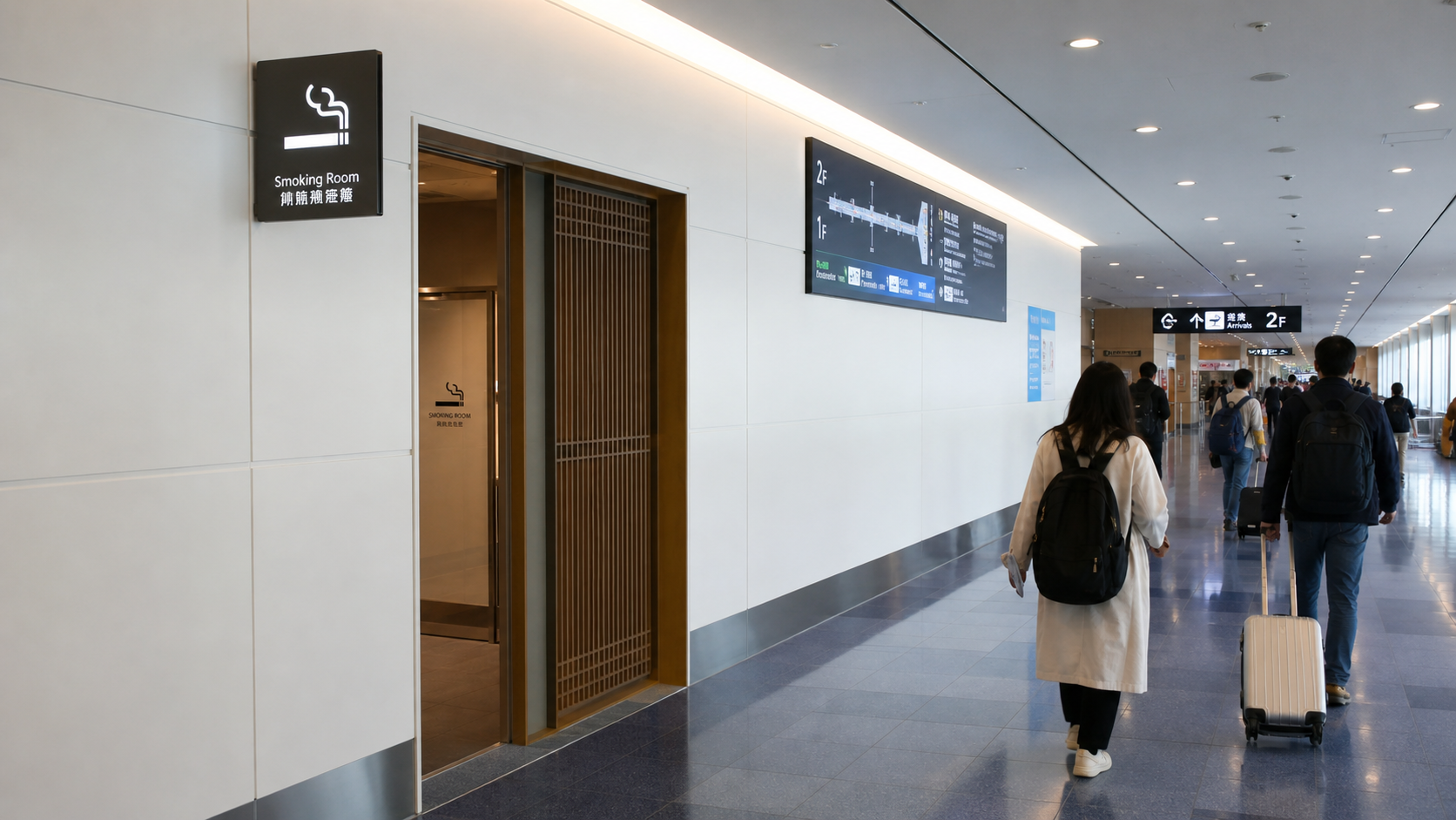 Haneda Airport clean terminal corridor with smoking room sign