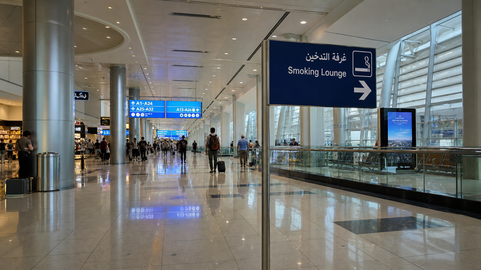 Dubai International Airport concourse with smoking lounge sign