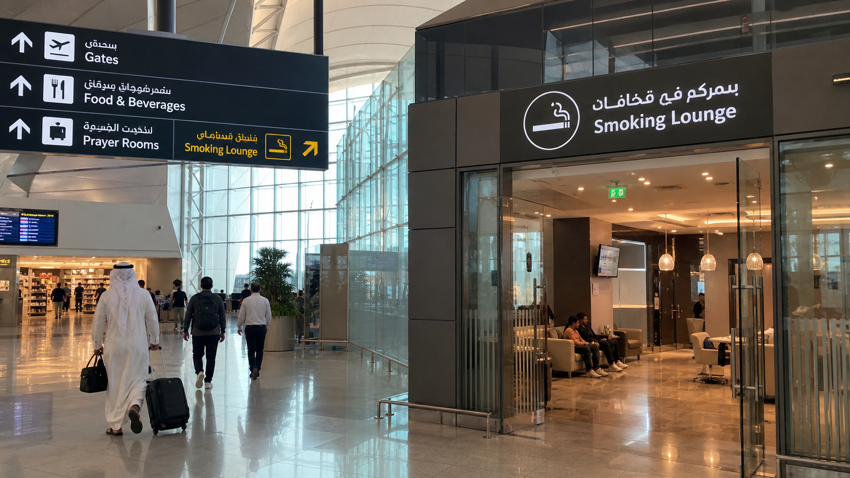 Abu Dhabi airport terminal with designated smoking lounge sign